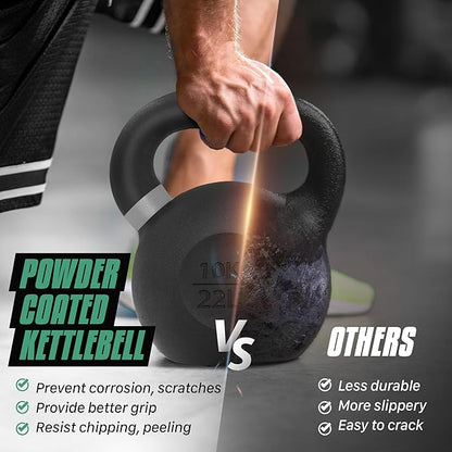 Yes4All Kettlebell, Heavy Duty Powder Coated Cast Iron Kettlebells, Non-Slip Handle & Flat Bottom for Conditioning, Strength Training & Full Body Exercises at Home Gym - Single & Pair