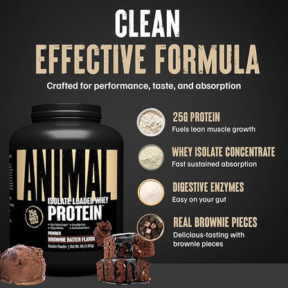Animal Whey Isolate Protein Powder - Loaded for Pre & Post Workout Muscle Builder and Recovery with Digestive Enzymes for Men & Women - 25g Protein, Great Taste, Low Sugar - Brownie Batter 4 lbs