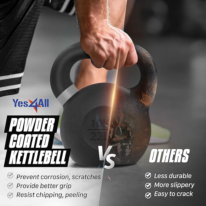 Yes4All Kettlebell, Heavy Duty Powder Coated Cast Iron Kettlebells, Non-Slip Handle & Flat Bottom for Conditioning, Strength Training & Full Body Exercises at Home Gym - Single & Pair