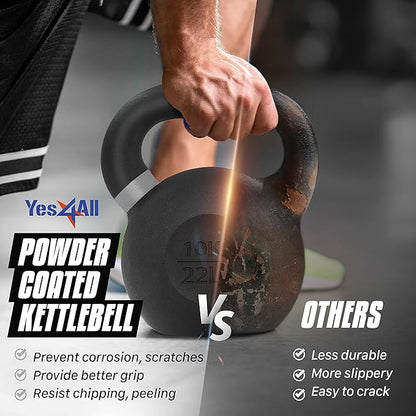 Yes4All Kettlebell, Heavy Duty Powder Coated Cast Iron Kettlebells, Non-Slip Handle & Flat Bottom for Conditioning, Strength Training & Full Body Exercises at Home Gym - Single & Pair
