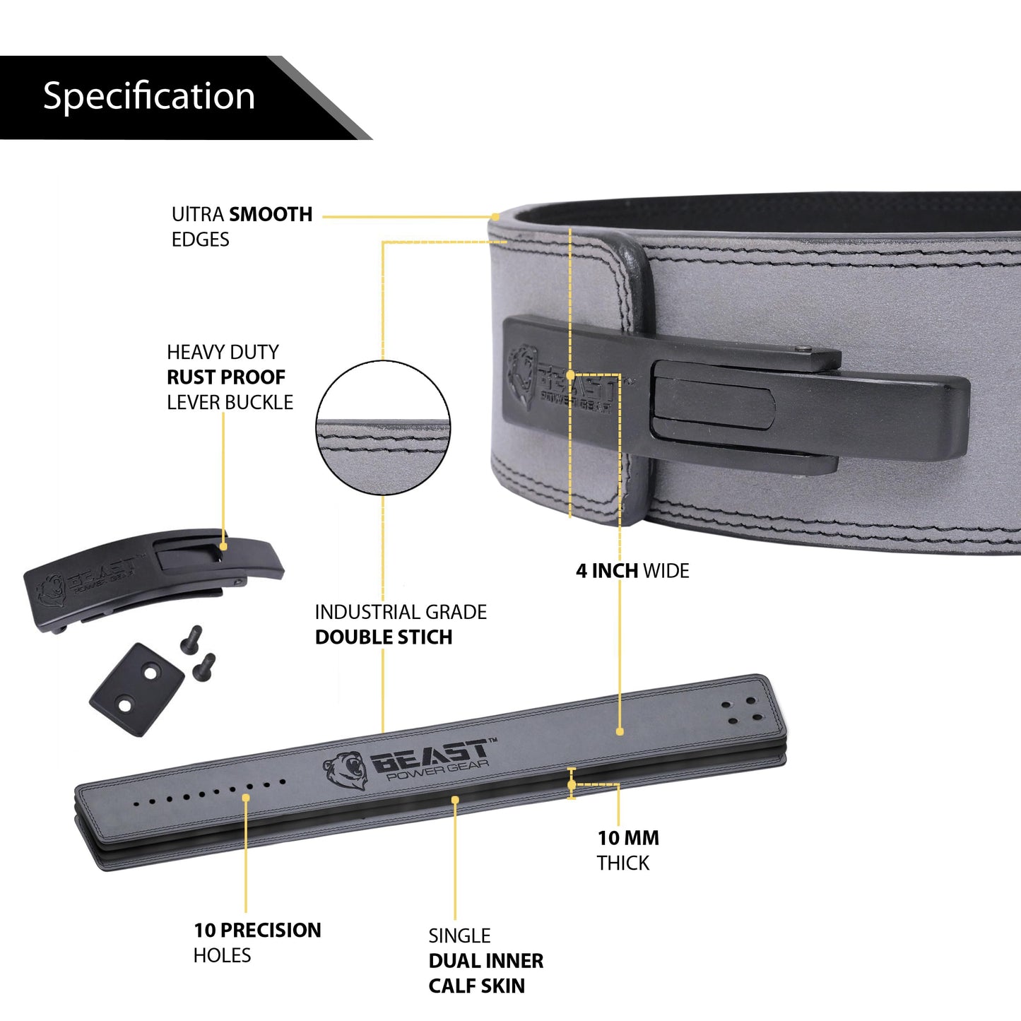 Beast Power Gear Weight Lifting Belt Lever Buckle 10MM 13MM Thick & 4 Inches Free Strap