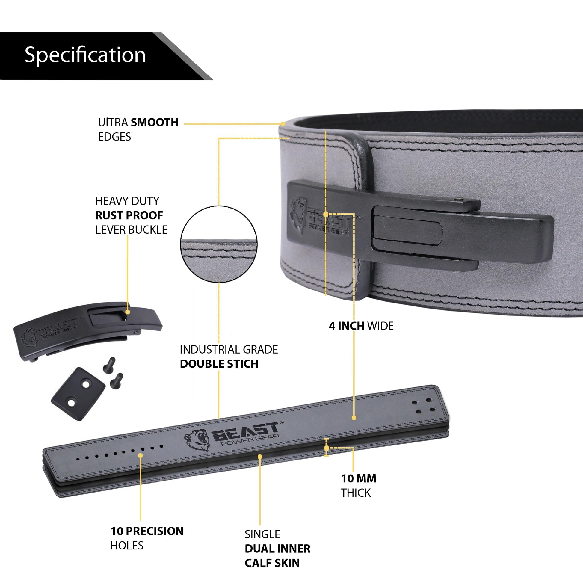Beast Power Gear Weight Lifting Belt Lever Buckle 10MM 13MM Thick & 4 Inches Free Strap