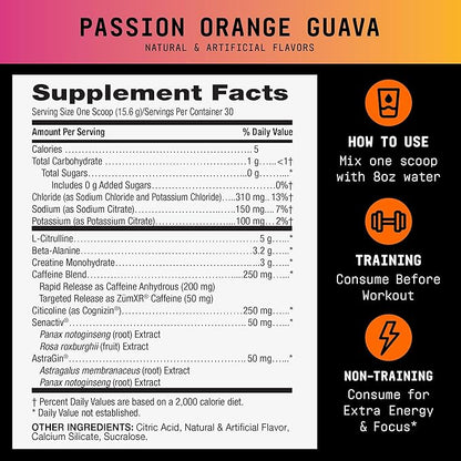 BEYOND RAW LIT V2 Clinical Strength Pre Workout Powder, Hits Harder, Bigger Pumps, Caffeine, L-Citrulline, Creatine, Passion Orange Guava, 30 Servings