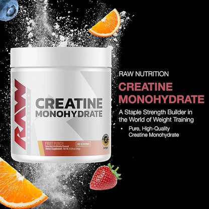 RAW Nutrition Creatine Monohydrate Powder, Fruit Punch (30 Servings) - Micronized Creatine Monohydrate Supplement for Workout Performance, Build Muscle & Strength - Creatine Powder for Men & Women