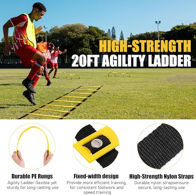 Soccer Training Equipment, Agility Speed Training Set with 20ft Speed Ladder, 12 Cones, 4 Adjustable Hurdles, Jump Rope, Parachute | Ideal for Basketball, Football Practise, for Kids, Youth, Adults