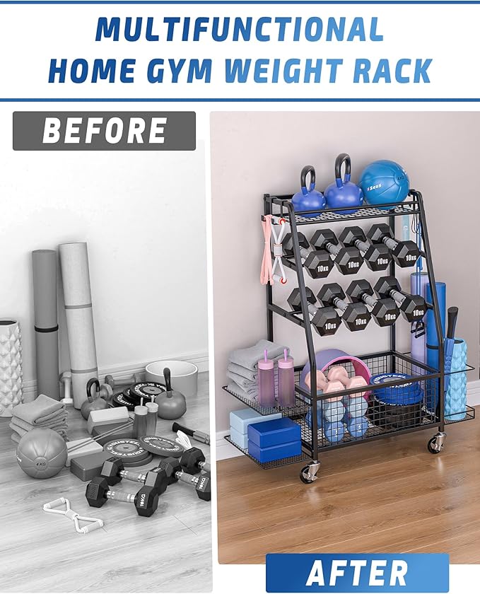 Weight Rack for Dumbbells - Home Gym Storage Rack - Dumbbell and Weight Organizer with 4 Flexible Wheels and Unique Storage on Both Sides