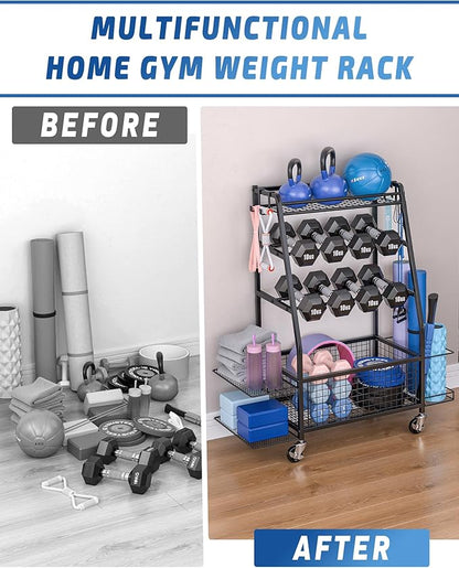 Weight Rack for Dumbbells - Home Gym Storage Rack - Dumbbell and Weight Organizer with 4 Flexible Wheels and Unique Storage on Both Sides