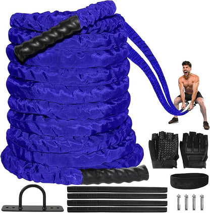 Battle Ropes for Home Gym 1.5Inch Diameter 30FT Lengths Workout Heavy Battle Ropes for Exercise Training Weighted Rope, Working Out Exercise Equipment with Protective Cove - Blue
