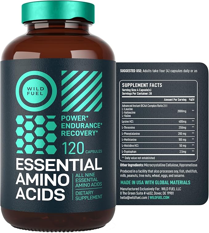 WILD FUEL Essential Amino Acids Supplement for Women and Men - All 9 BCAAs Amino Acid Complex for Power and Recovery - EAA Lysine, Tryptophan, Isoleucine - 2 Pack 240 Vegan BCAA Capsules
