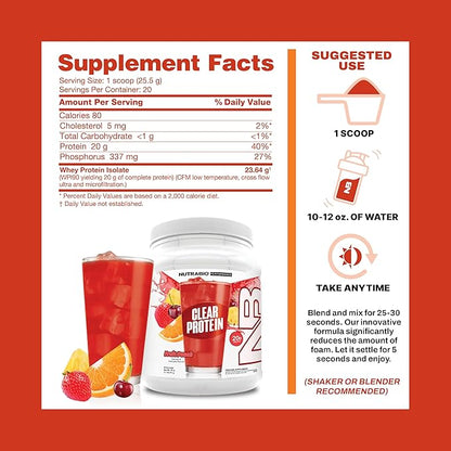 NutraBio Clear Protein Powder, Fruit Punch - 20 Servings, 20g Clear Whey Protein Isolate, 0 Sugar, 0g Lactose, Refreshing Fruit Flavors, GLP1 Support - Bone Health - Muscle Post Workout Recovery