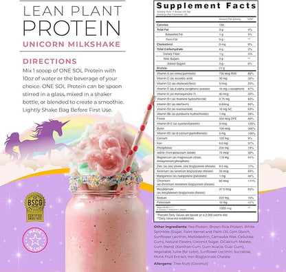 One Sol Lean Plant-Based Protein Powder, Pea & Brown Rice Protein, Low Carb, Vegan Friendly - Gluten, Lactose, & Soy Free - No Added Sugar, Non-GMO, Clean Nutrition, No Bloating (Unicorn Milkshake)