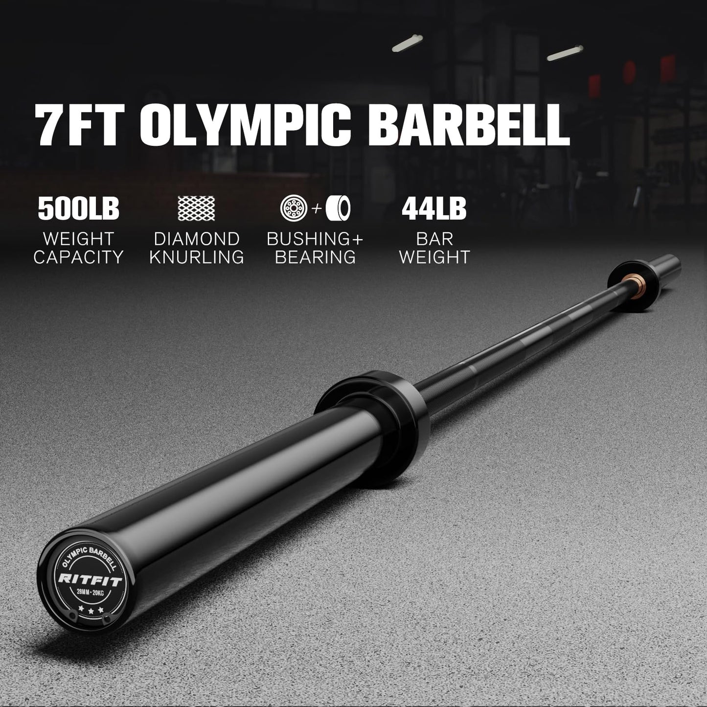 RitFit Elite 7ft Olympic Barbell, 500lbs — Black