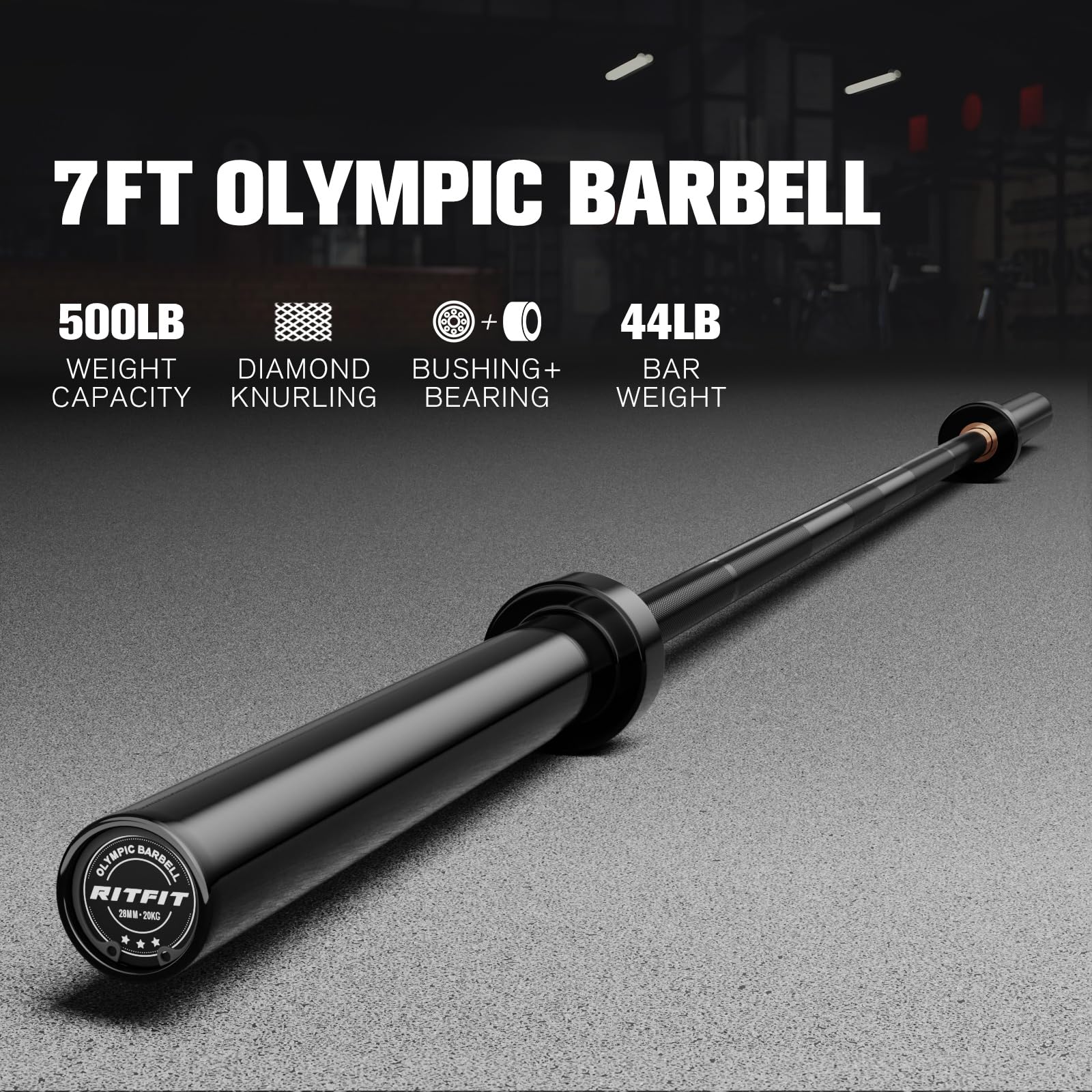 RitFit Elite 7ft Olympic Barbell, 500lbs — Black