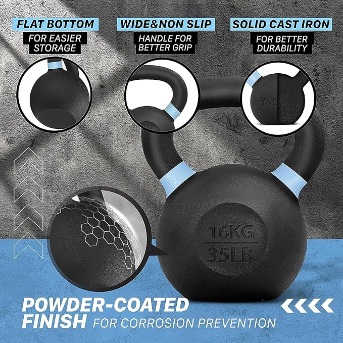 Yes4All Kettlebell, Heavy Duty Powder Coated Cast Iron Kettlebells, Non-Slip Handle & Flat Bottom for Conditioning, Strength Training & Full Body Exercises at Home Gym - Single & Pair
