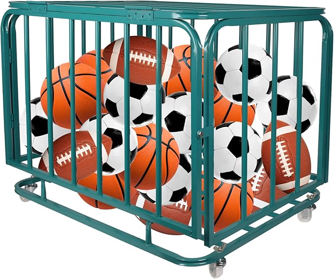 Sports Equipment Organizer Foldable Mental Sports Ball Storage Cart with Lid and Wheels Rolling Ball Cart for Gym, School, Indoor and Outdoor