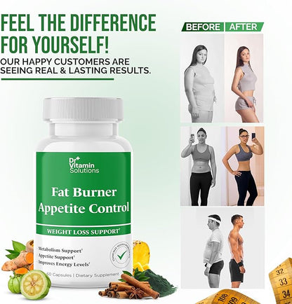 DR VITAMIN SOLUTIONS Fat Burner & Appetite Control Weight Loss Supplements for Women & Men - Metabolism Booster w/L-Carnitine, CLA, Chromium - Appetite Suppressant for Weight Loss - 60 Capsules