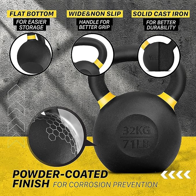 Yes4All Kettlebell, Heavy Duty Powder Coated Cast Iron Kettlebells, Non-Slip Handle & Flat Bottom for Conditioning, Strength Training & Full Body Exercises at Home Gym - Single & Pair