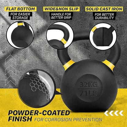 Yes4All Kettlebell, Heavy Duty Powder Coated Cast Iron Kettlebells, Non-Slip Handle & Flat Bottom for Conditioning, Strength Training & Full Body Exercises at Home Gym - Single & Pair