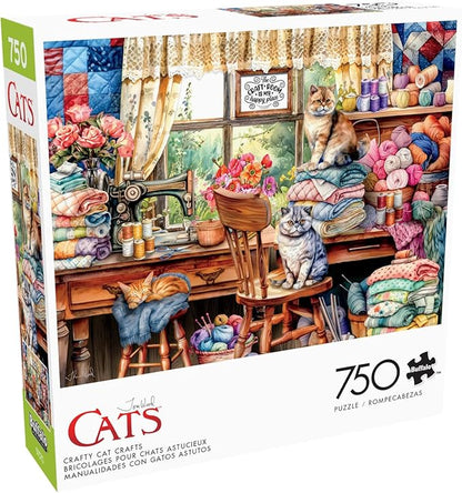 Buffalo Games - Tom Wood - Crafty Cat Crafts - 750 Piece Jigsaw Puzzle for Adults -Challenging Puzzle Perfect for Game Nights - Finished Size is 24.00 x 18.00