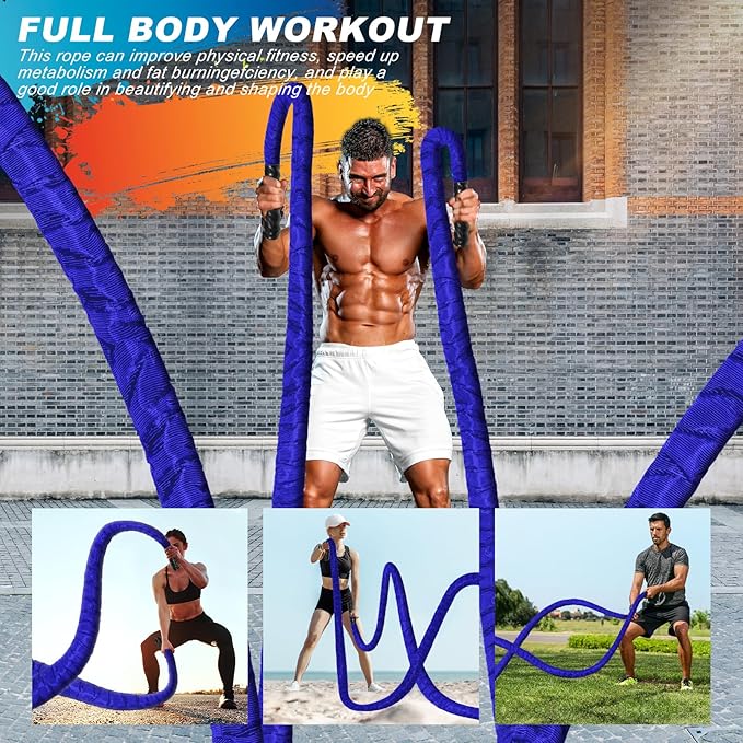 Battle Ropes for Home Gym 1.5Inch Diameter 30FT Lengths Workout Heavy Battle Ropes for Exercise Training Weighted Rope, Working Out Exercise Equipment with Protective Cove - Blue
