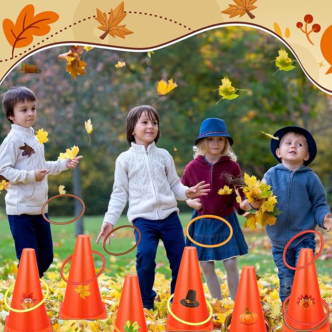 Jenaai 26 Pieces Fall Thanksgiving Ring Toss Game Outdoor Carnival Party Games Include 6 Pcs Fall Plastic Cones 20 Pcs Toss Rings for Thanksgiving Garden Throwing Toy Supply