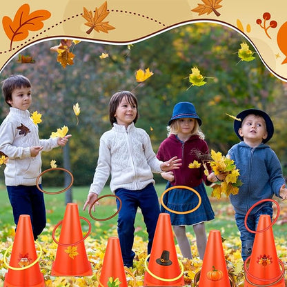 Jenaai 26 Pieces Fall Thanksgiving Ring Toss Game Outdoor Carnival Party Games Include 6 Pcs Fall Plastic Cones 20 Pcs Toss Rings for Thanksgiving Garden Throwing Toy Supply