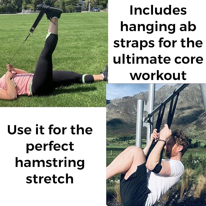 Suspension Trainer, Bodyweight Training Straps for Full Body Workouts at Home, Includes Door Anchor, Extension Arms and Advanced Foot Straps. Green