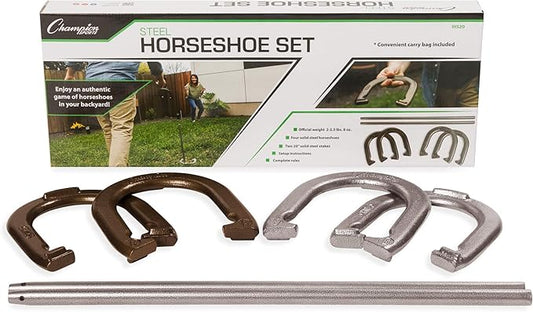Champion Sports Horseshoe Set: Traditional Outdoor Lawn Game includes Four Professional Solid Steel