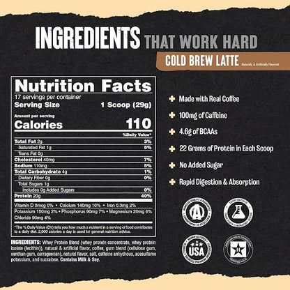 Animal 100% Whey Protein Powder Instant Iced Coffee ??Real Coffee for Preworkout, Post Workout Whey Blend + 20g of Protein Shake, 120mg of Caffeine Meal Replacement with BCAA ??Cold Brew Latte, 1 lb