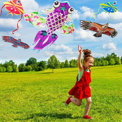 8 Pack Kites for Kids Butterfly Fish Eagle Pattern with 8 Pcs 109 Yard Kite String Large Easy to Fly for Children Adults Spring Outdoor Beach Games