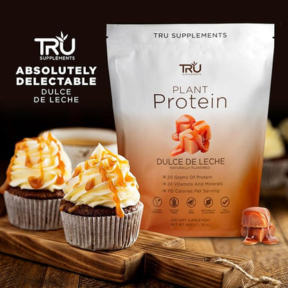 TRU Supplements Plant Based Protein Powder, BCAA, EAA, 20g Vegan Brown Rice & Pea Protein, 100 Calories, 27 Vitamins, No Artificial Flavors 25 Servings 25 Servings (Dulce De Leche)