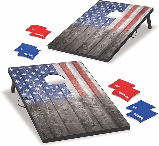 Wild Sports 2’x3’ or 2’x4’ Cornhole Outdoor Game Set, USA Flag or Natural Wood Options with Carry