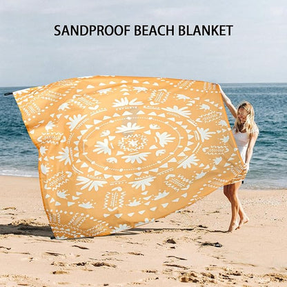 Sandproof Waterproof Beach Blanket, 78''×86'' Large Foldable Picnic Blankets for 1-4 Adults w/ 4 Stakes & 4 Pockets, Polyester Lightweight Sand Free Boho Outdoor Beach Mat for Camping, Hiking, Travel