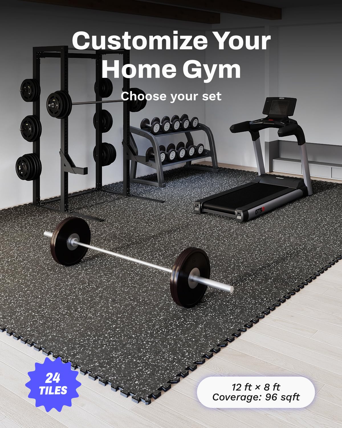 AIRHOP 0.56in Thick 96 Sq Ft Exercise Equipment Mats, 24 Tiles Upgraded Rubber Top with High