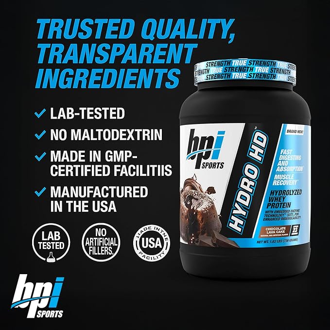 BPI Sports Hydro HD - 100% Hydrolyzed Whey Protein Powder - Muscle Growth, Recovery, 25g of Hydrolyzed Protein, Low Carb, Low Sugar, Fast Absorbing (23 Servings, Chocolate Lava Cake)