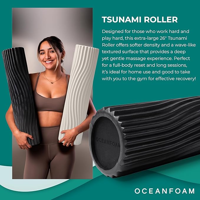 Oceanfoam Tsunami Roller (Black & Charcoal Marbled) - Soft, Textured Foam Roller for Physical Therapy, Back Pain, Exercise & Stretching - Wave Textured - Yoga, Wellness - Extra-Large 26" x 5.9"