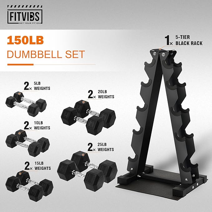 Rubber Coated Hex Dumbbell Weight Sets and Storage Rack, 100LB Set or 150LB Set, 5-20 lbs Pairs or 5-25 lbs Pairs