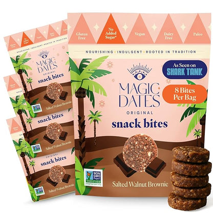 MAGICDATES Date Snack Bites | Salted Walnut Brownie – 4 Bags (16 Servings) | Medjool Dates | Himalayan Pink Salt | No Added Sugar | Vegan | Paleo | Gluten-Free | Healthy Chocolate Dessert