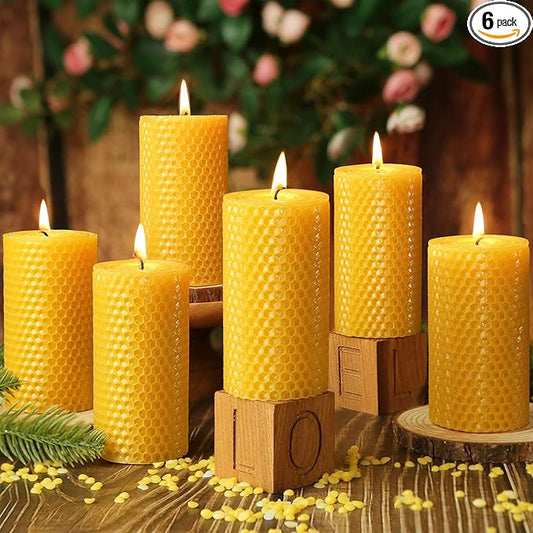 6 Pack Natural Beeswax Pillar Candles,Handmade Pure Beeswax Rolled Candles-120 Hours Long Burning,Honeycomb Bees Wax Candle for Home, Prayer,Dripless Smokeless Unscented Pillar Candle 2x4in