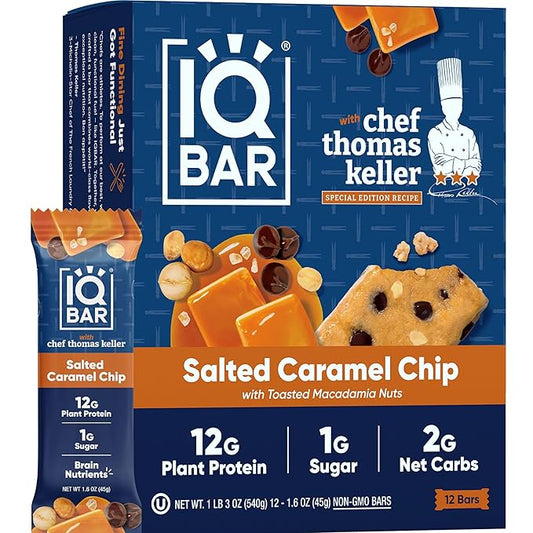 IQBAR x Chef Thomas Keller - Brain and Body Plant Protein Bars - Salted Caramel Chip - 12-Count