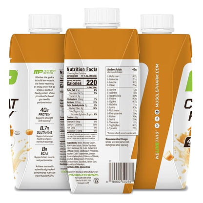 MusclePharm Combat Ready High Protein Shakes Ready to Drink, 40g Protein, 8g BCAAs, 8.7g Glutamine, 5g Fiber, No Added Sugar, Gluten Free, Salted Caramel, 17 Fl Oz (Pack of 12)