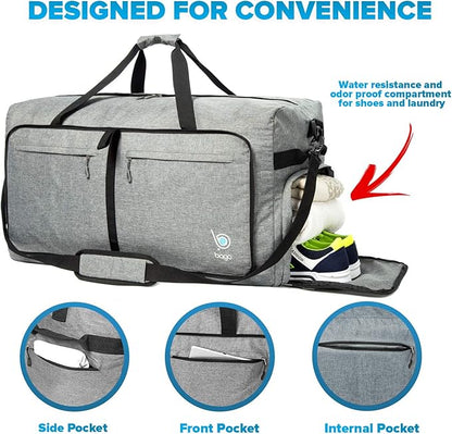 Bago Large Foldable Duffel Bags for Traveling Women & Men - 120L Packable Duffle Bag for Travel with Shoe Compartment - Water Repellant, Heavy Duty, Lightweight Folding & Collapsible (SnowGray)