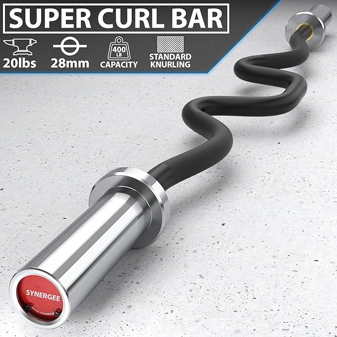 Synergee Commercial Super EZ Curl Olympic Bar Chrome, Black Phosphate and Red with Powder Coated Brass Bushings Excellent for Bicep Curls and Triceps Extensions