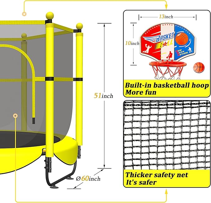 60" Trampoline for Kids, 5 FT Indoor & Outdoor Toddler Baby Trampoline with Basketball Hoop, Safety Enclosure, Birthday Gifts for Kids, Gifts for Boy and Girl, Age 3-8