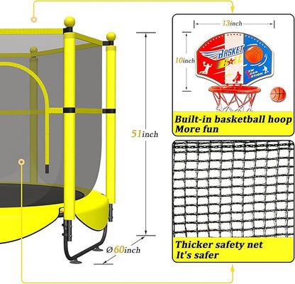 60" Trampoline for Kids, 5 FT Indoor & Outdoor Toddler Baby Trampoline with Basketball Hoop, Safety Enclosure, Birthday Gifts for Kids, Gifts for Boy and Girl, Age 3-8
