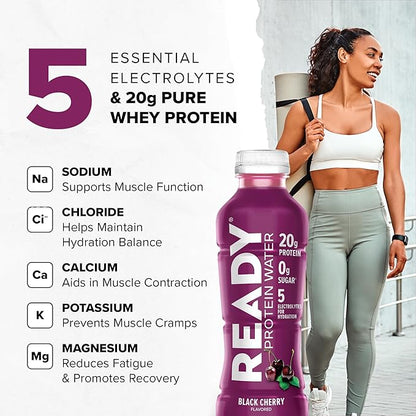 Ready® Protein Water ??20g Whey Protein Isolate, Zero Sugar, Low-Calorie Sports Drink for Hydration & Recovery ??Electrolytes, Essential Amino Acids ??Black Cherry, 16.9 fl oz Bottles (12-Pack)