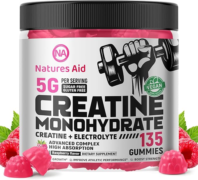 Creatine Monohydrate Gummies (5g) – Pre-Workout Energy & Muscle Growth Support for Men & Women | Raspberry Electrolyte Gummies (135 Count)