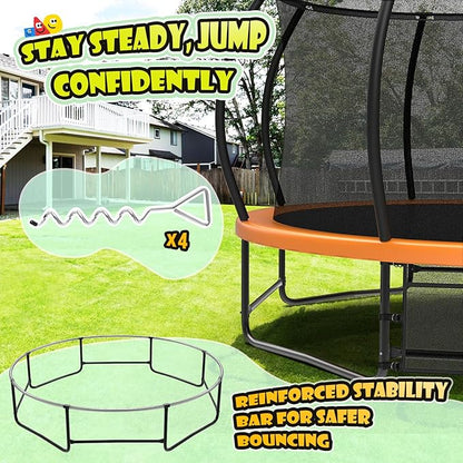 12 14 15 16FT Trampoline Outdoor with Basketball Hoop, Trampoline with Lights for Kids and Adults, Recreational Trampolin with Sprinkler, Stakes