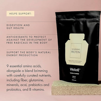 WelleCo, Nourishing Protein, Premium Organic Sprouted Brown Rice & Pea Protein, Vanilla Flavour, 300g (10.5oz) Pouch