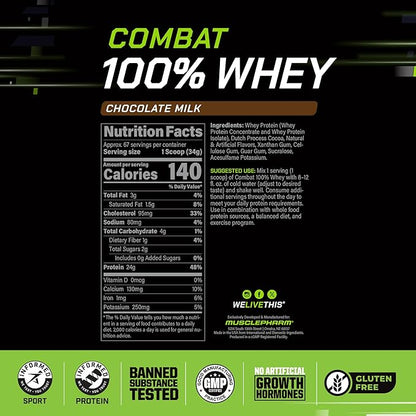 MusclePharm Combat 100% Whey Protein Powder, Chocolate Milk, Fast Recovery & Muscle Gain with Whey Isolate, High Protein Powder for Women & Men, Gluten Free, 5lb, 67 Servings